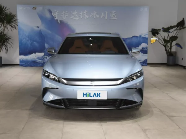 Front view of the light blue BYD Han electric car.