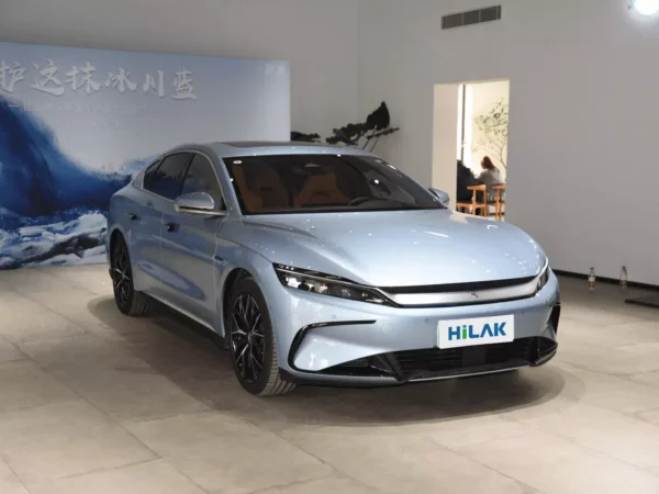 Right front view of the light blue BYD Han electric car.