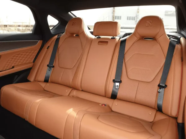 A picture of a BYD Han rear seat in a large position with three seat belts and the trim color is brown.