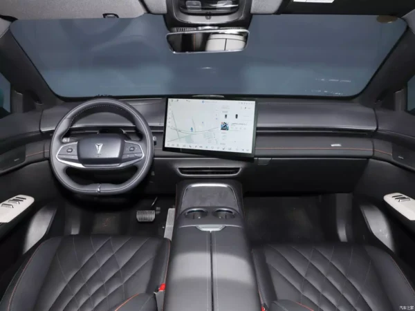 Cabin view of the Deepal S7 electric car, close-up of the steering wheel and dashboard.