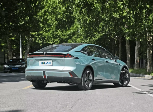 Right rear side view of Deepal SL03 model cyan electric vehicle.