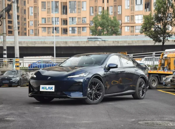 Left front side view of Deepal SL03 model dark blue electric vehicle.