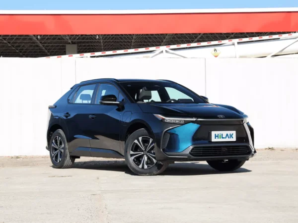 A detail view of the right front of a dark blue Toyota BZ4X electric car, where you can clearly see the details of the front end design.