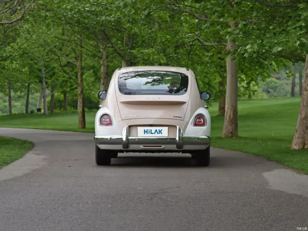 Close-up view of the rear of an Ora Ballet Cat electric car in cream and white, with the vehicle parked on a road in a forest.