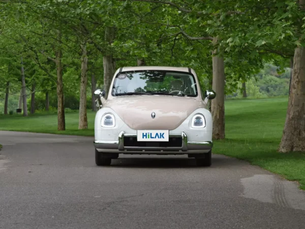 Front view of a cream and white matching Ora Ballet Cat electric car parked on an asphalt surface flanked by lots of trees.