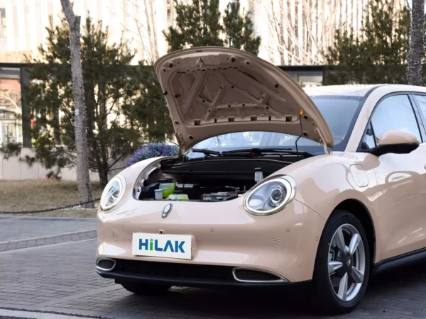 A cream-colored Ora Ballet Cat electric car pulls up to the curb, its front hood open to show off the sophisticated parts inside.