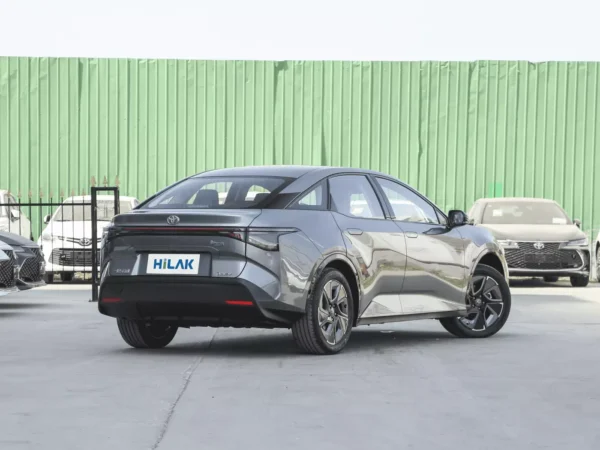 A close-up view of the rear of a gray Toyota BZ3 electric car with a HiLuck logo license plate on the back.