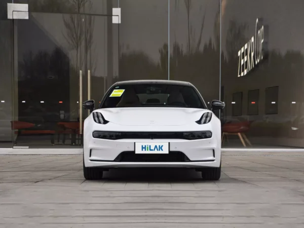 Close-up image of the front of a white ZEEKR 001 electric car with the HiLuck logo on the front-mounted license plate.